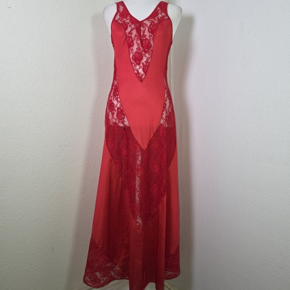 Red Lace Satin Slip Dress Vtg Inspired Lingerie Maxi Sheer Floral Lace Design